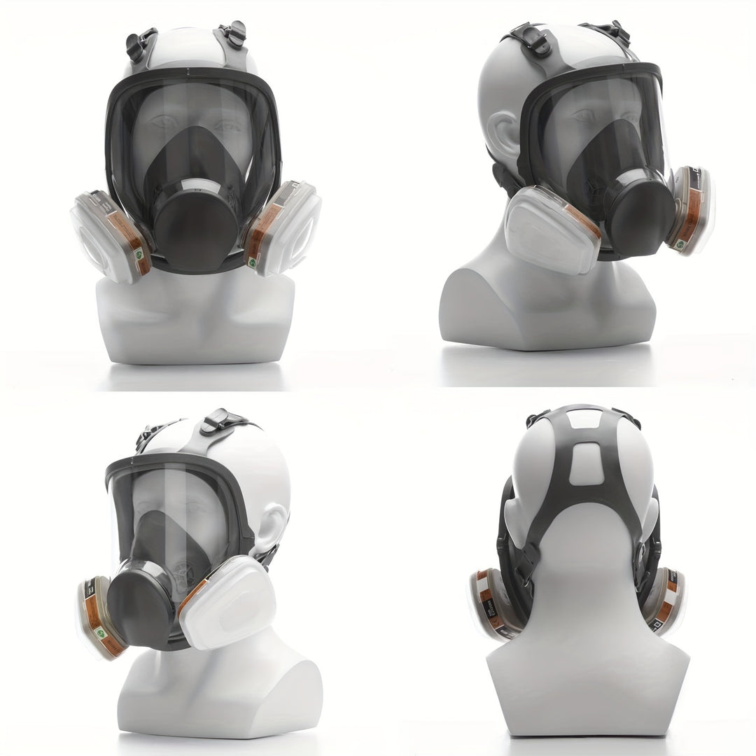 Four views of a full-face respirator on mannequin heads against a white background