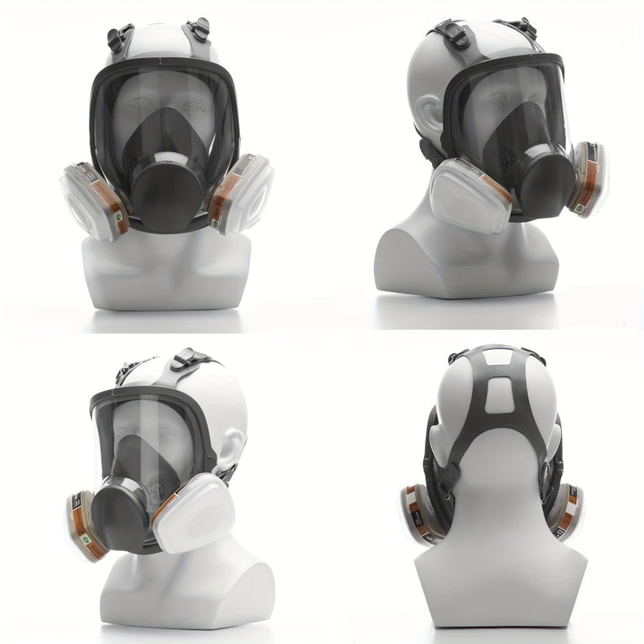 Four views of a full-face respirator on mannequin heads against a white background