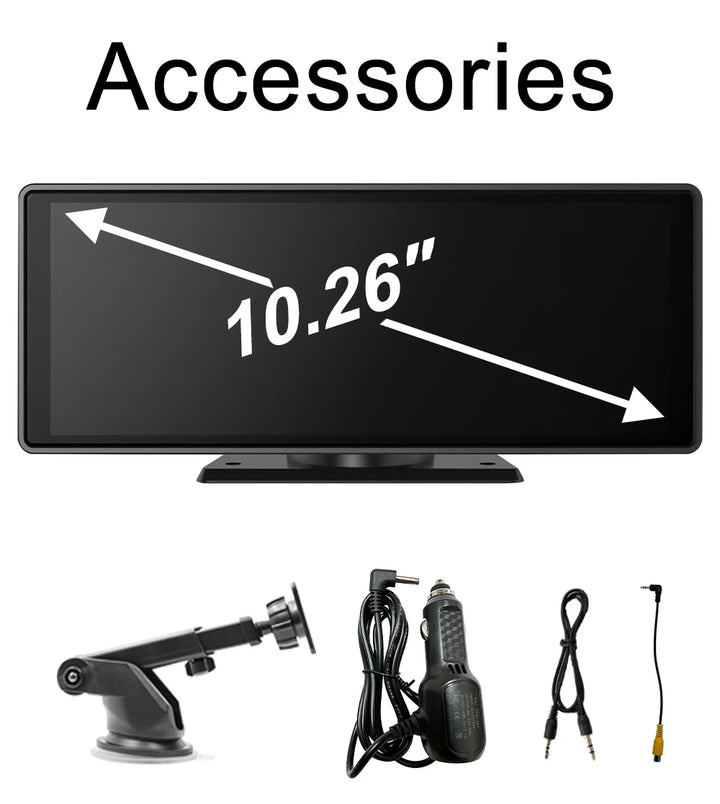 Accessories included with the 10.26-inch car display, featuring a mounting bracket, power cables, and connectors.