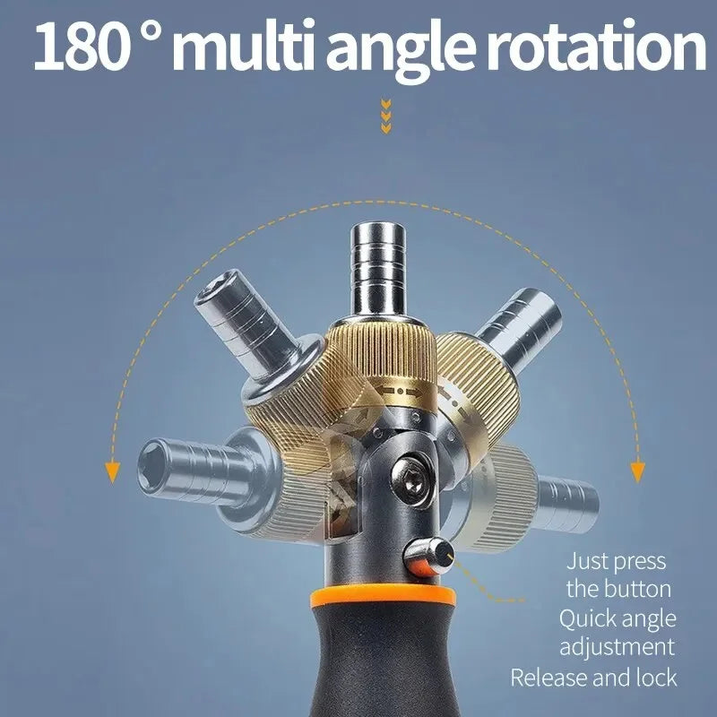 Graphic showing the 180-degree multi-angle rotation function of the screwdriver for versatile use.