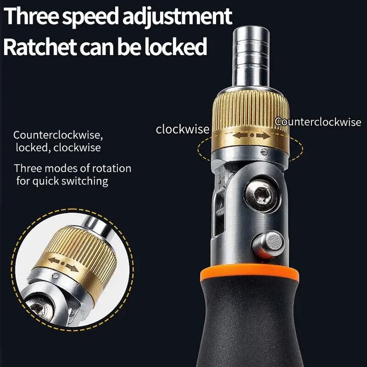 Close-up of the ratchet adjustment system with clockwise, counterclockwise, and locked settings.