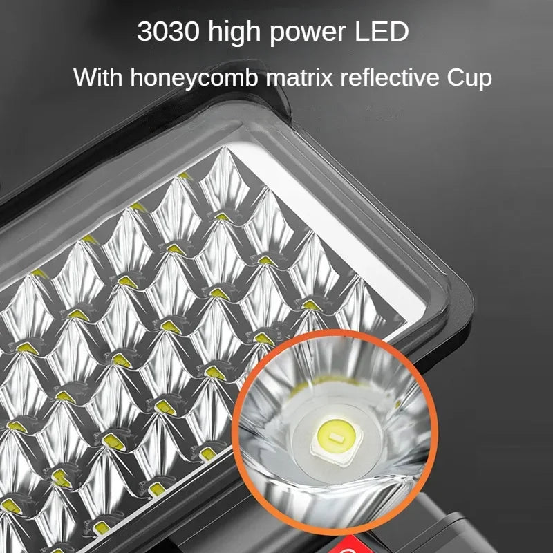 Close-up of honeycomb matrix LED reflector for enhanced brightness and efficiency.
