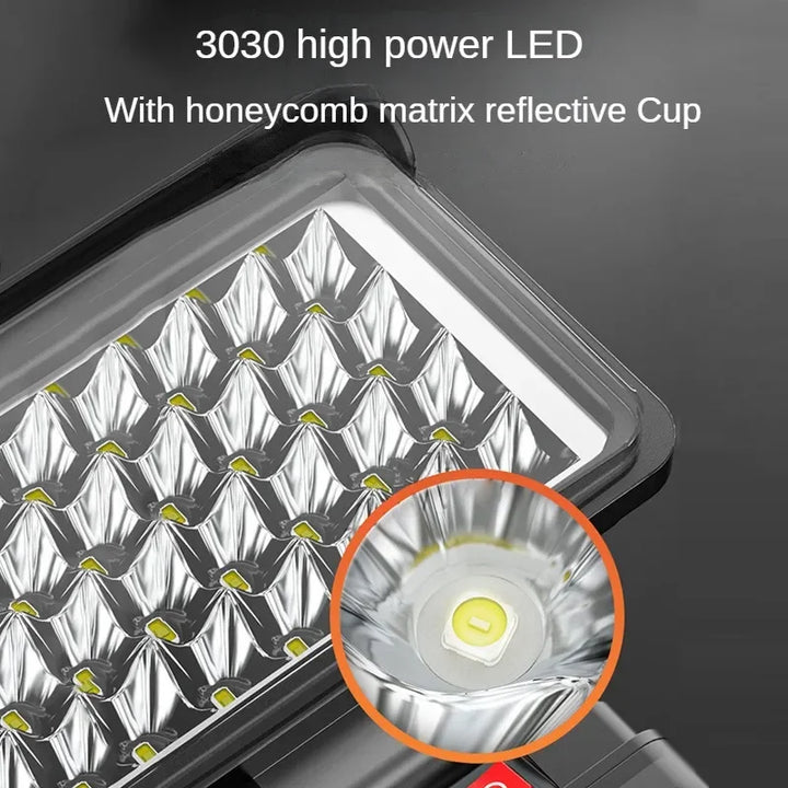 Close-up of honeycomb matrix LED reflector for enhanced brightness and efficiency.
