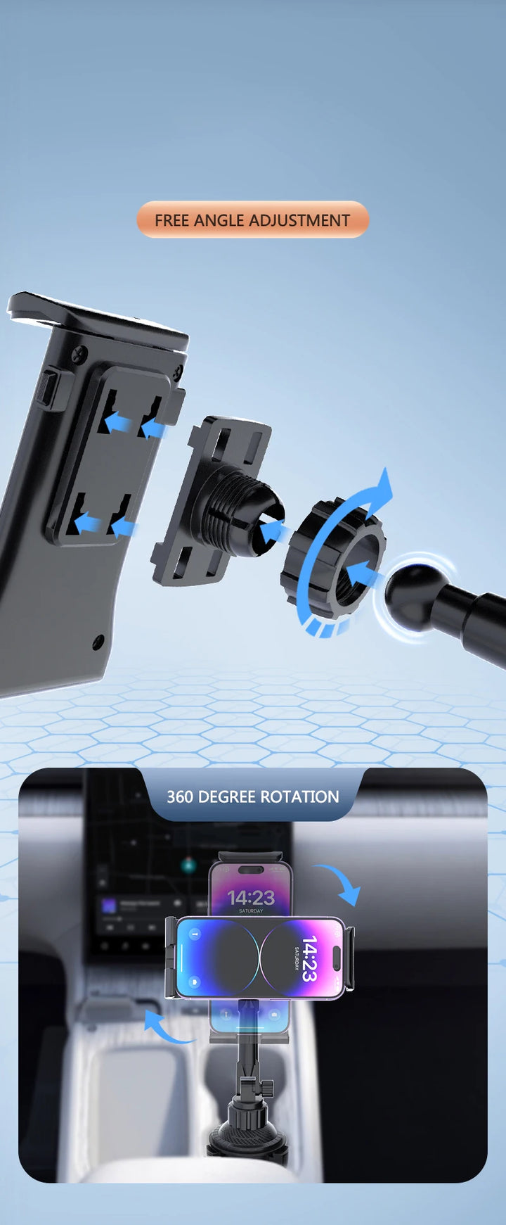 A demonstration of the car mount’s ability to rotate 360 degrees for optimal device positioning.