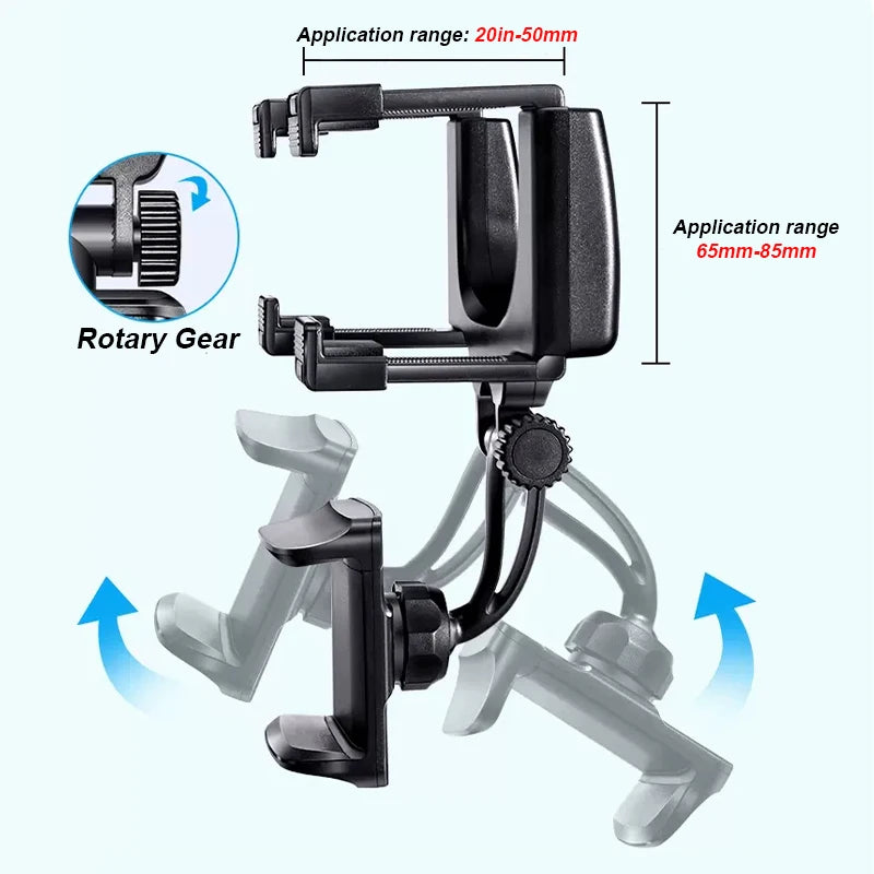 Image illustrating the full range of motion and rotation capabilities of the phone mount.