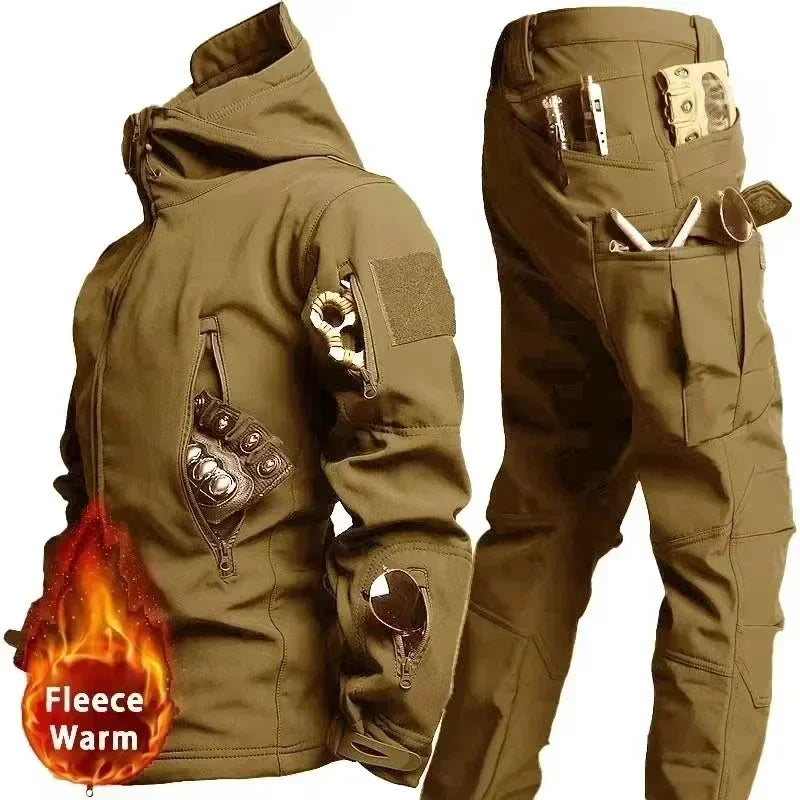 SmartGearPros Tactical Winter Suit – Military-Style Waterproof & Windproof Set with Multi-Pocket Hooded Jacket & Sharkskin Work Pants