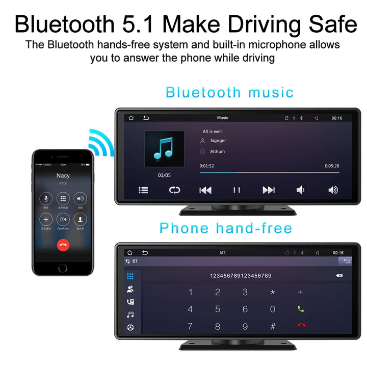 Bluetooth 5.1 hands-free system with built-in microphone for music and phone calls.