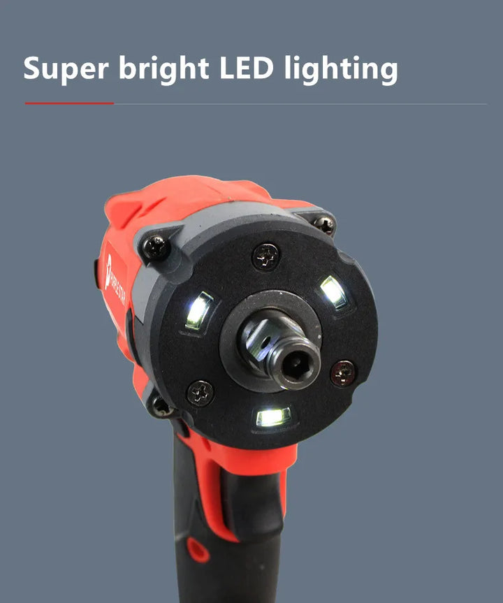 lose-up of a SmartGearPros drill head with super bright LED ring lighting, facing forward.