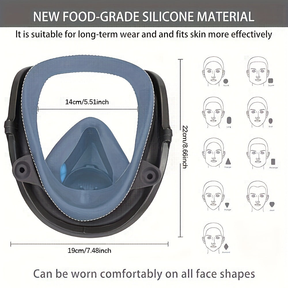 Full-face snorkeling mask with measurements and compatibility chart on a gray background