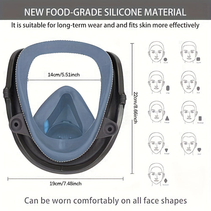 Full-face snorkeling mask with measurements and compatibility chart on a gray background