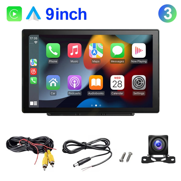 9-inch CarPlay and Android Auto display bundle with a backup camera and connection cables.
