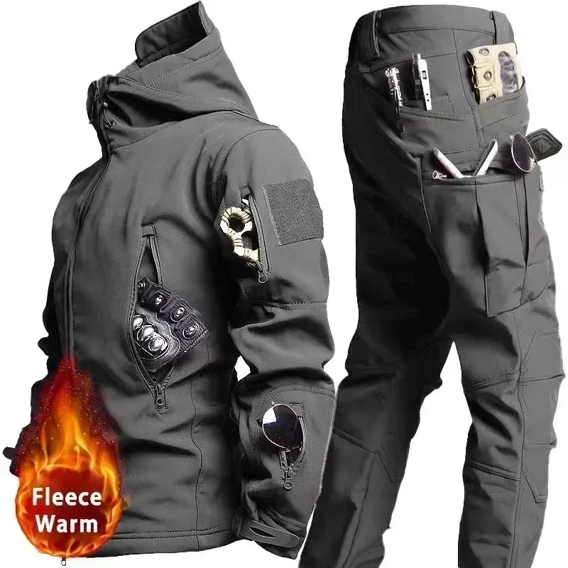 SmartGearPros Tactical Winter Suit – Military-Style Waterproof & Windproof Set with Multi-Pocket Hooded Jacket & Sharkskin Work Pants