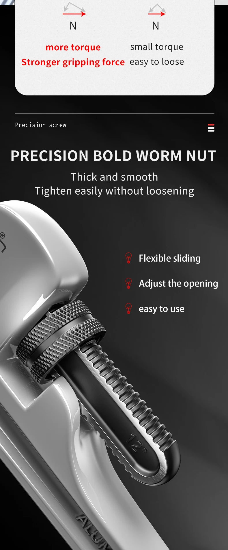 Precision bold worm nut with text on a dark background