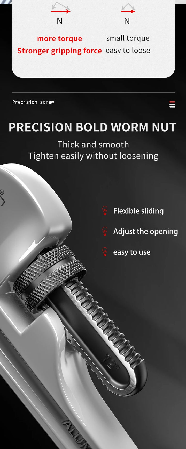Precision bold worm nut with text on a dark background