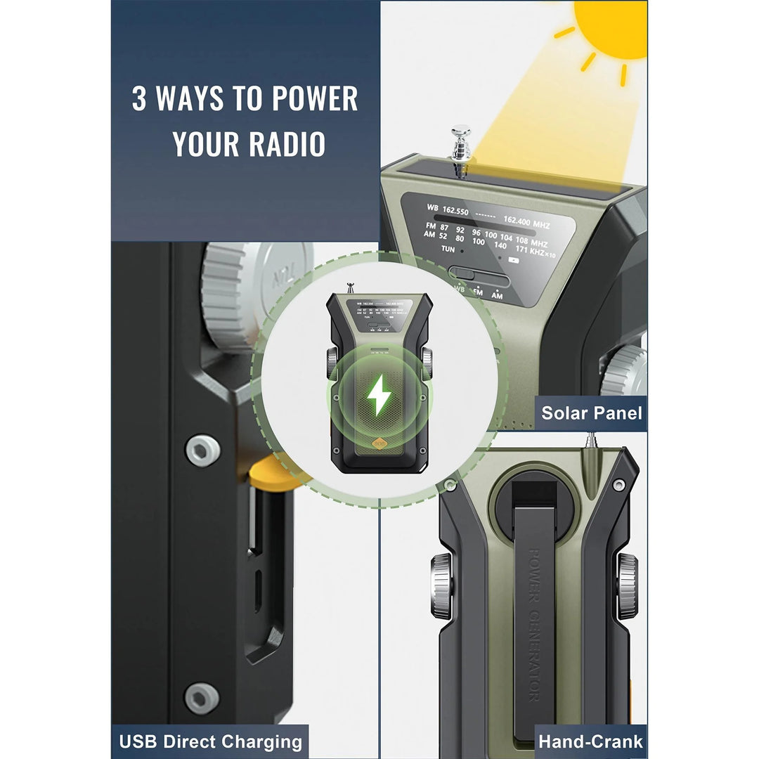 SmartGearPros Emergency Weather Radio - FM AM WB Hand Crank Solar USB Charging 2000mAh Power Bank LED Flashlight