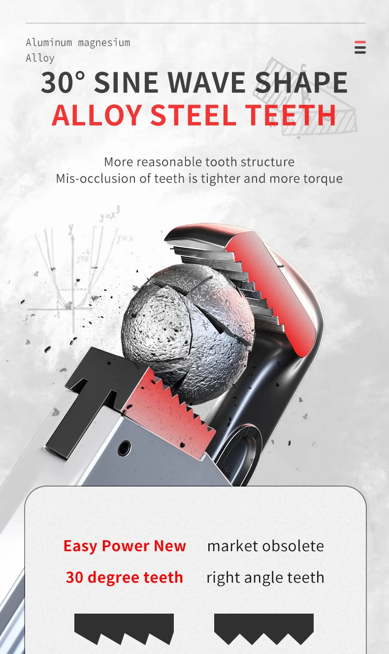 Advertisement for alloy steel teeth with a 30-degree sine wave shape, showing a close-up of teeth and a saw blade.