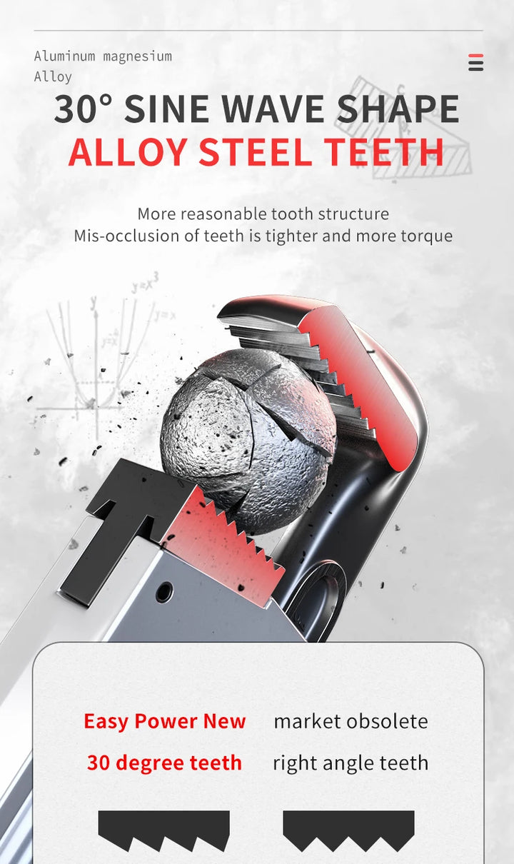 Advertisement for alloy steel teeth with a 30-degree sine wave shape, showing a close-up of teeth and a saw blade.