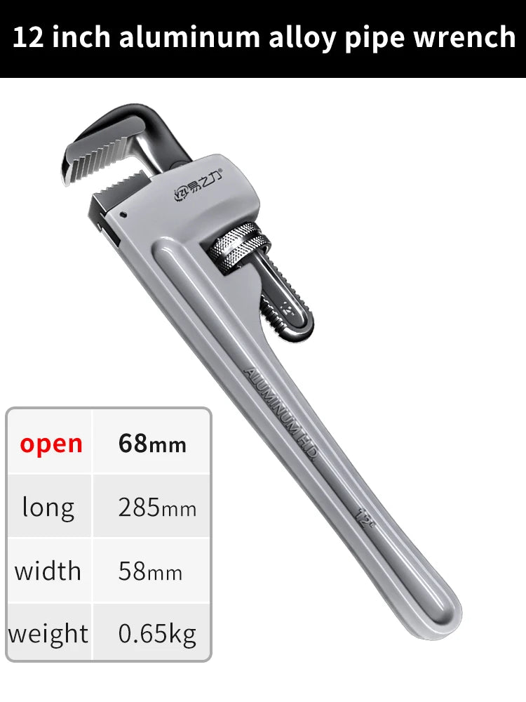 12 inch aluminum alloy pipe wrench with specifications on a white background
