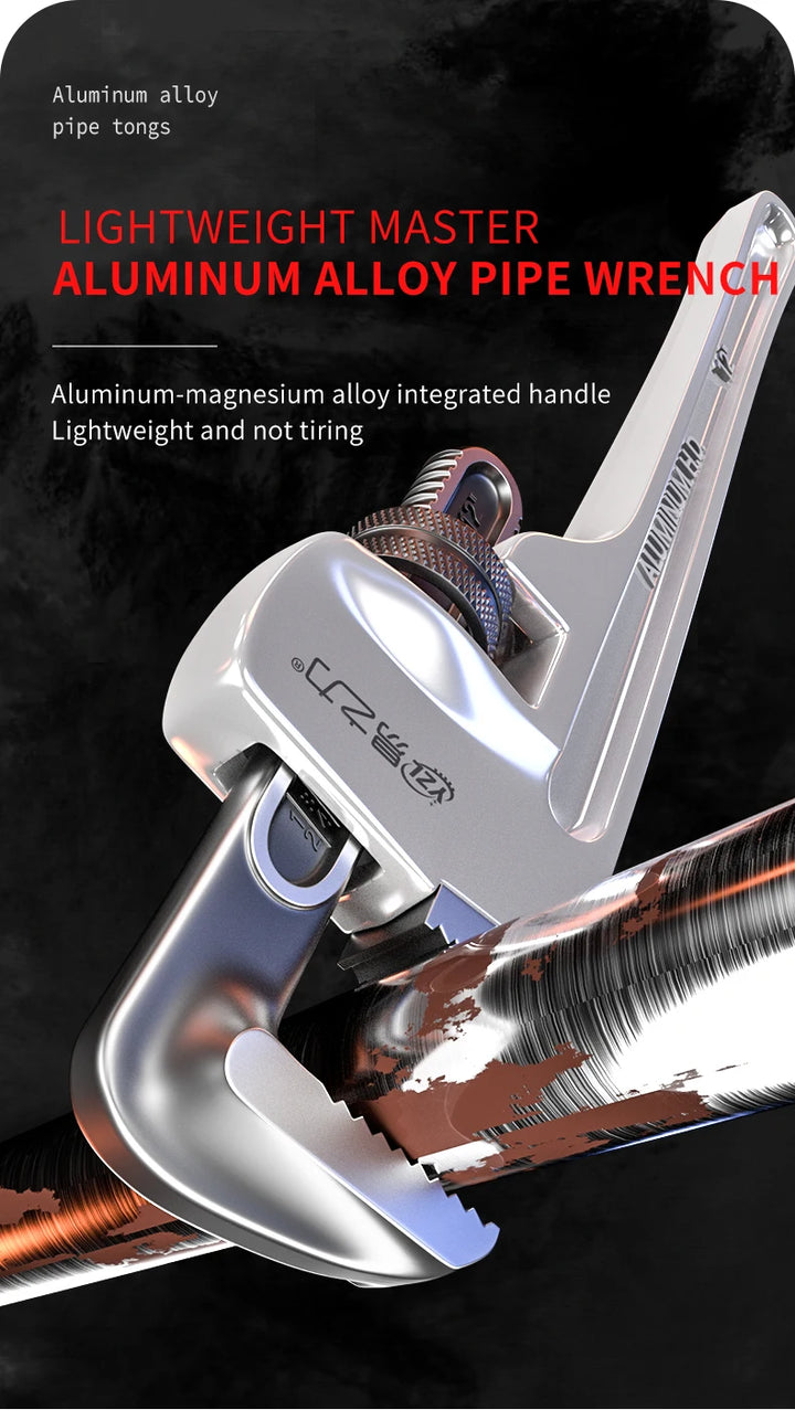 Aluminum alloy pipe wrench with brand name on a dark background