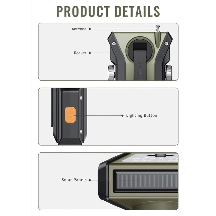SmartGearPros Emergency Weather Radio - FM AM WB Hand Crank Solar USB Charging 2000mAh Power Bank LED Flashlight