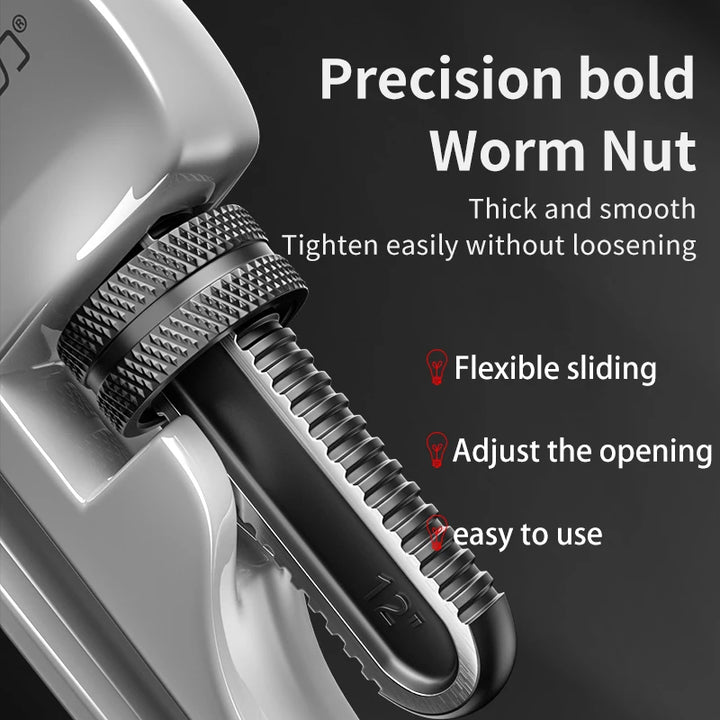 Close-up of a precision bold worm nut with text highlighting its features on a dark background.