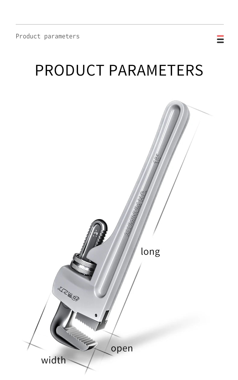Pipe wrench with dimensions labeled on a white background
