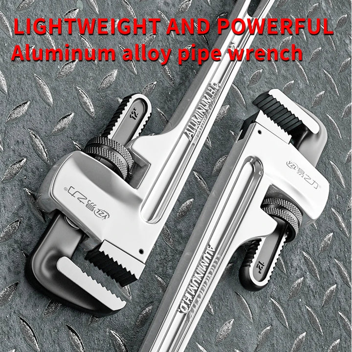 Two pipe wrenches on a metallic surface with text highlighting their features.