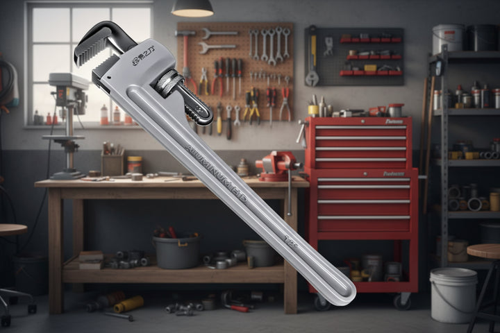 Aluminum pipe wrench inside a workshop background
