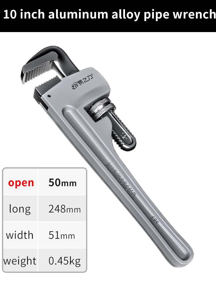 10 inch aluminum alloy pipe wrench with specifications on a white background