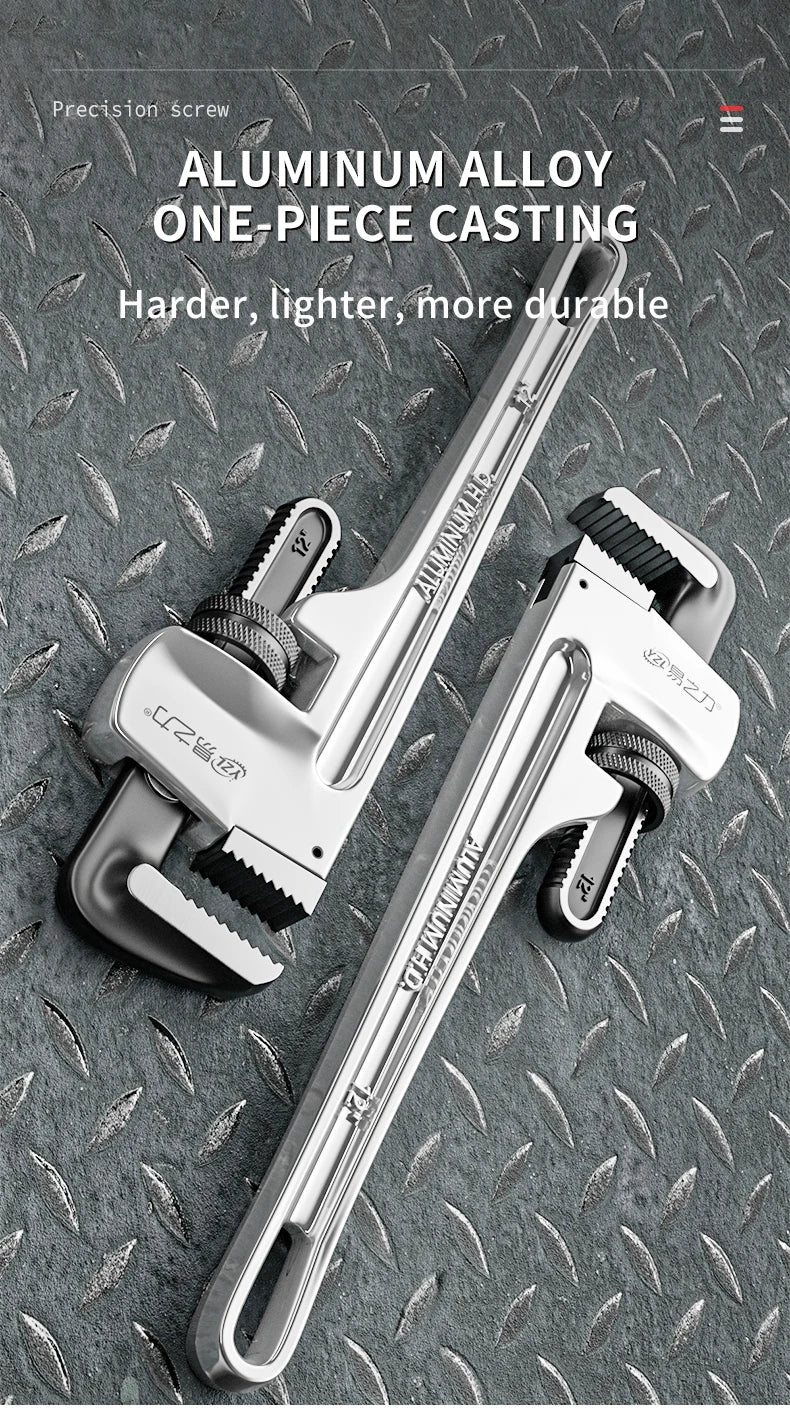Two adjustable wrenches on a textured metal surface with text about aluminum alloy construction.