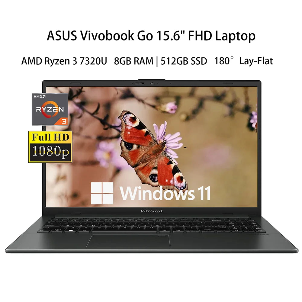 SmartGearPros ASUS Vivobook Go 15.6" FHD Laptop, 2024 Newest Business Laptop, AMD Ryzen 3 7320U, 8GB RAM, 512GB SSD, 180° Lay-Flat, Black – High-Performance Windows 11 Pro Laptop with SSD Storage & Fast RAM