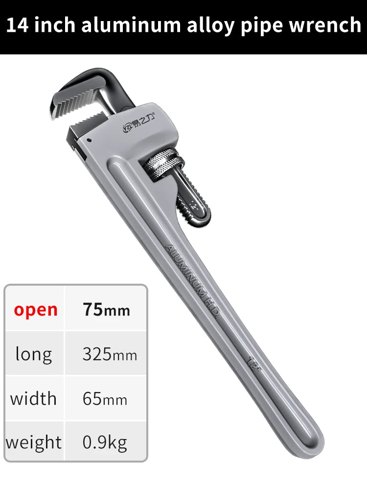 14 inch aluminum alloy pipe wrench with specifications on a white background
