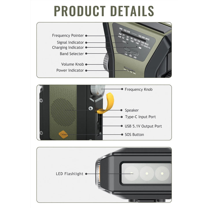 SmartGearPros Emergency Weather Radio - FM AM WB Hand Crank Solar USB Charging 2000mAh Power Bank LED Flashlight