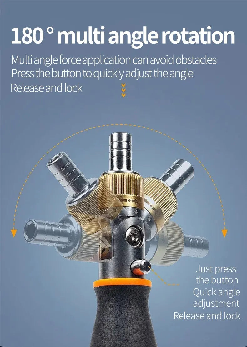 Detailed view of the screwdriver’s adjustable head for precise angling in tight spots.