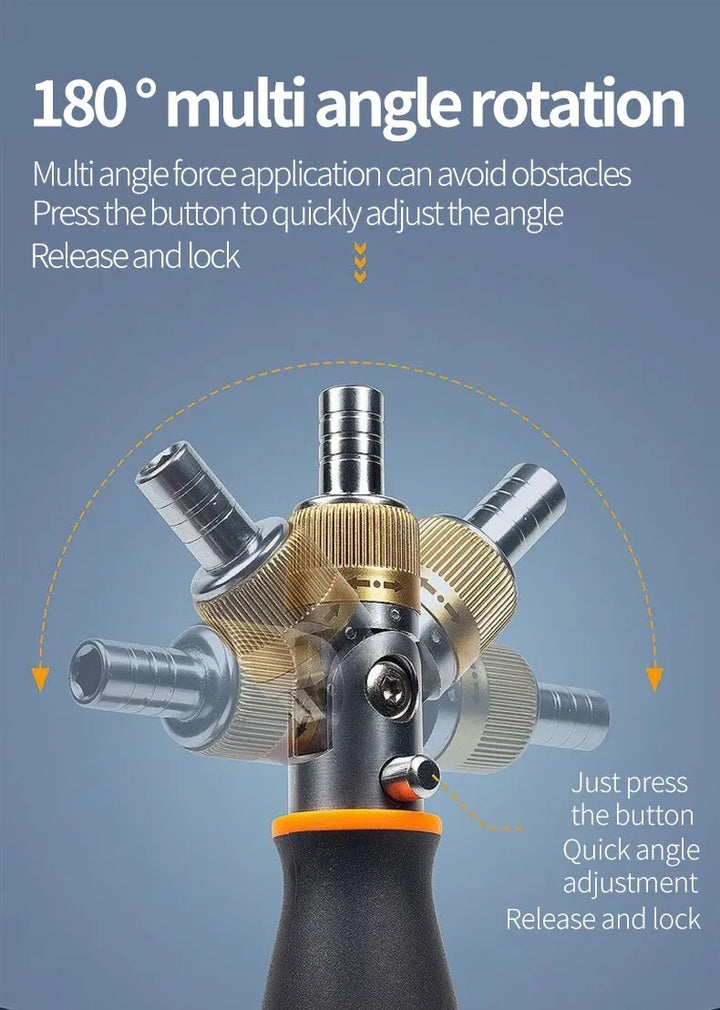 Detailed view of the screwdriver’s adjustable head for precise angling in tight spots.