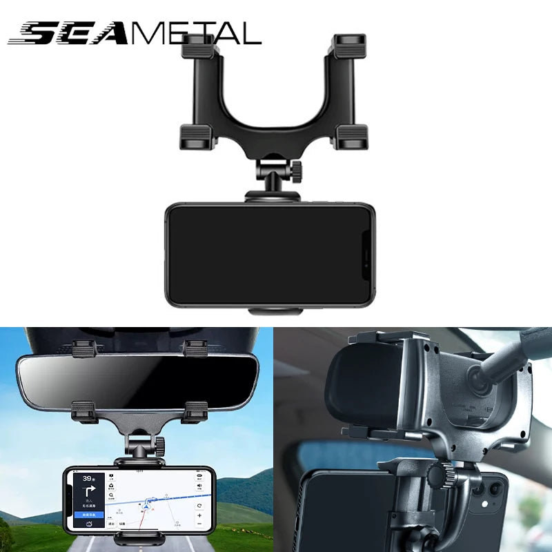  Rearview mirror phone holder showcasing its minimal and space-saving design.