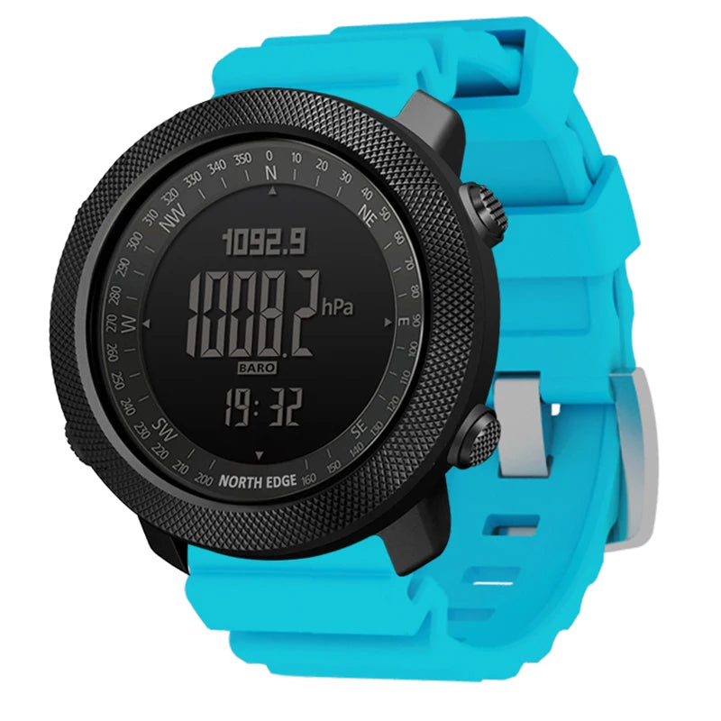 NORTH EDGE Apache outdoor sports watch with a vibrant blue band, designed for outdoor durability.
