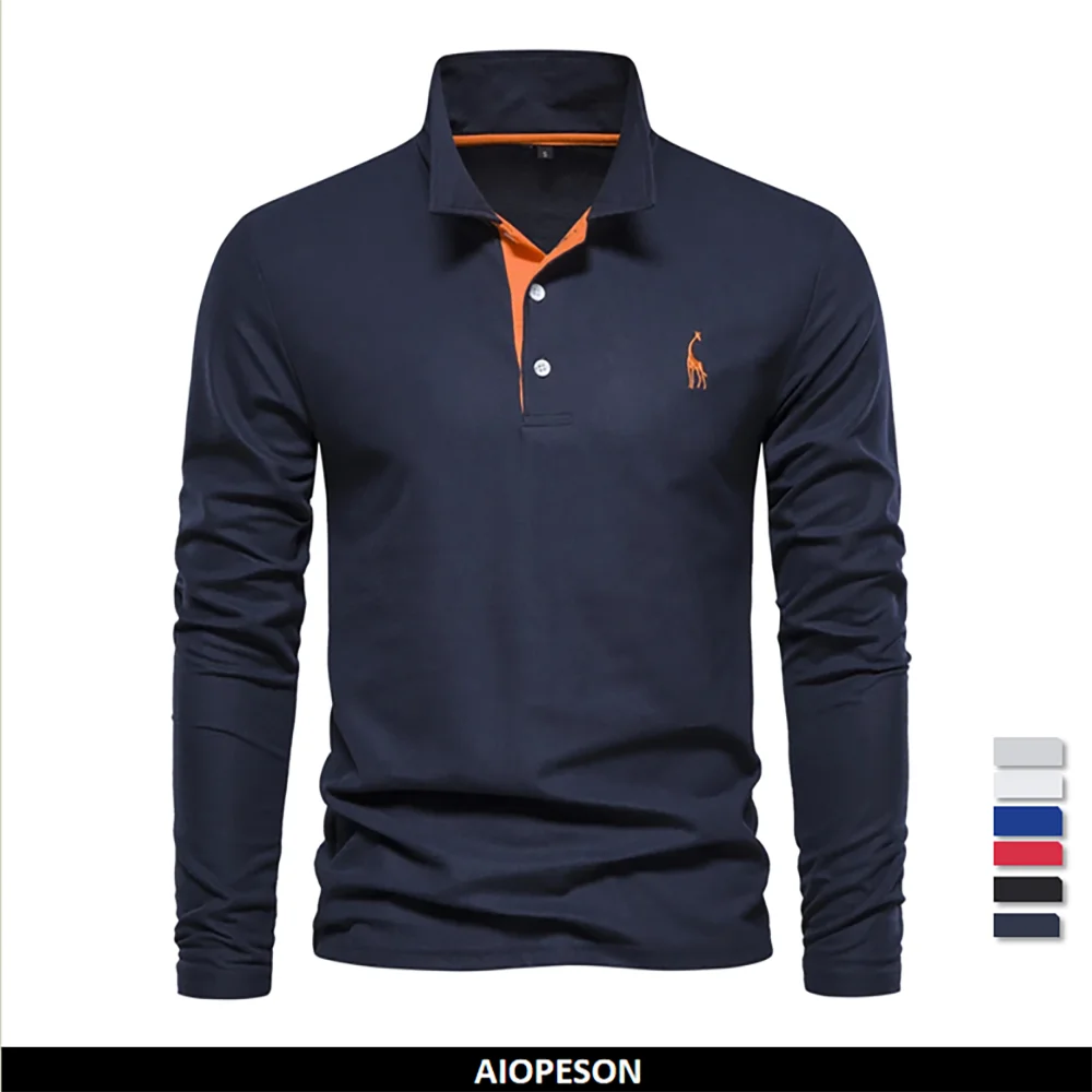 A stylish navy blue long-sleeve polo shirt with an orange inner collar accent and embroidered logo, perfect for casual or semi-formal occasions.