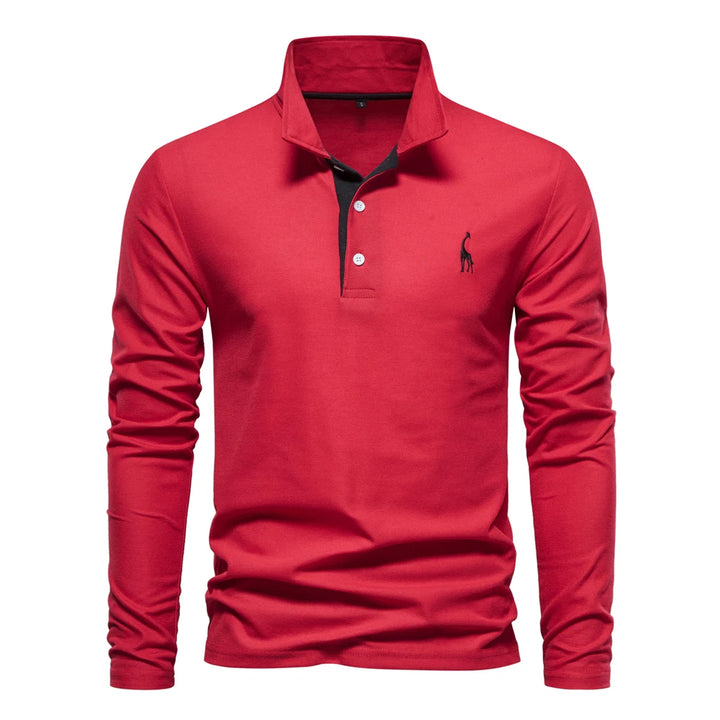 A vibrant red long-sleeve polo shirt with a classic design and embroidered logo, ideal for a bold and confident look.
