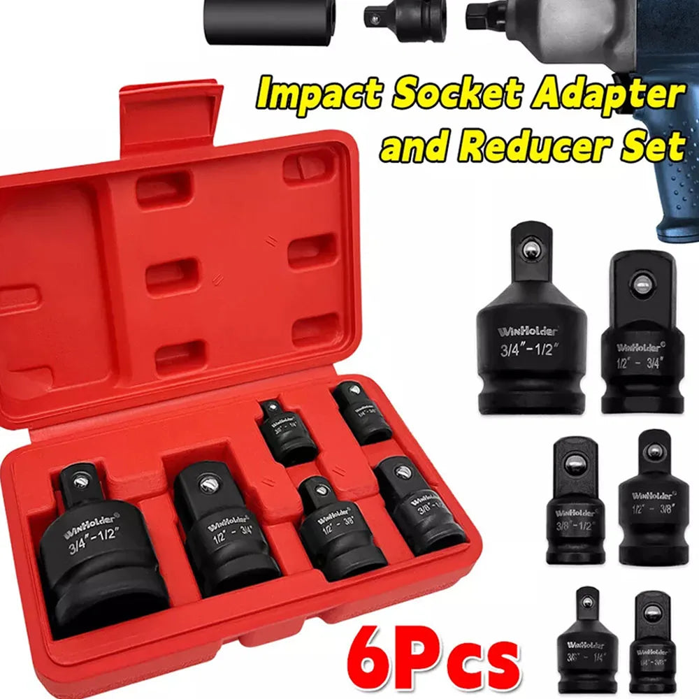 A 6-piece impact socket adapter set inside a red carrying case, labeled with size specifications.