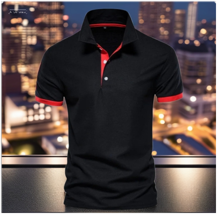 Black polo shirt with red accents displayed on model
