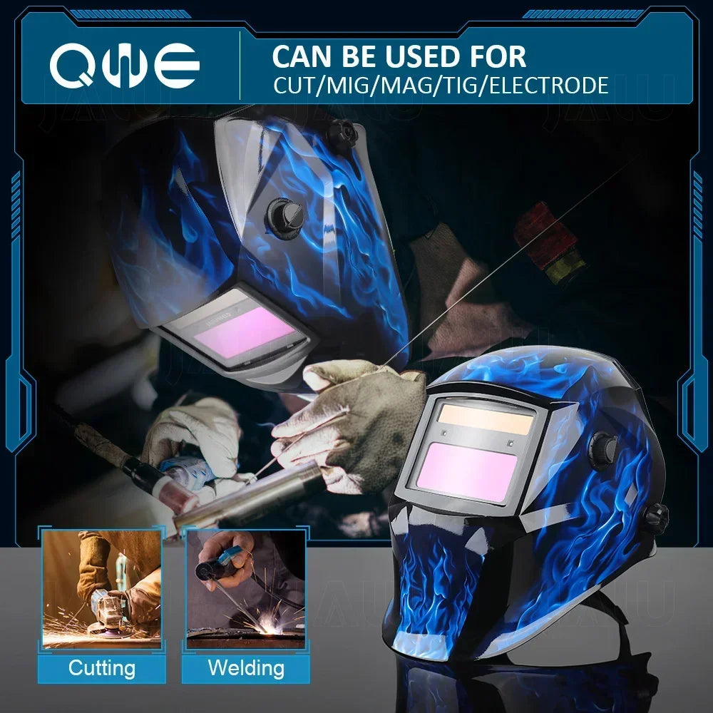  A welder using the auto-darkening welding helmet in a workshop setting, demonstrating its protective features.