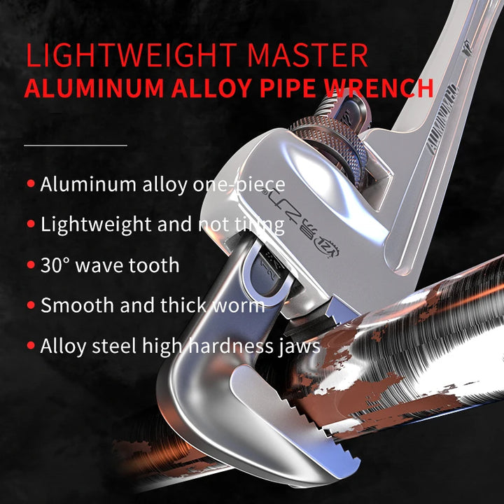 Lightweight master aluminum alloy pipe wrench with features listed on a dark background