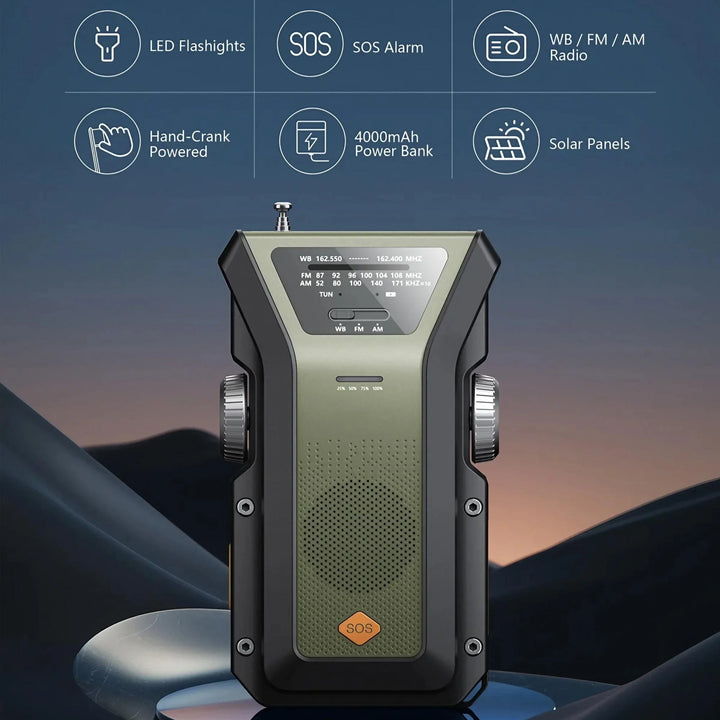 SmartGearPros Emergency Weather Radio - FM AM WB Hand Crank Solar USB Charging 2000mAh Power Bank LED Flashlight