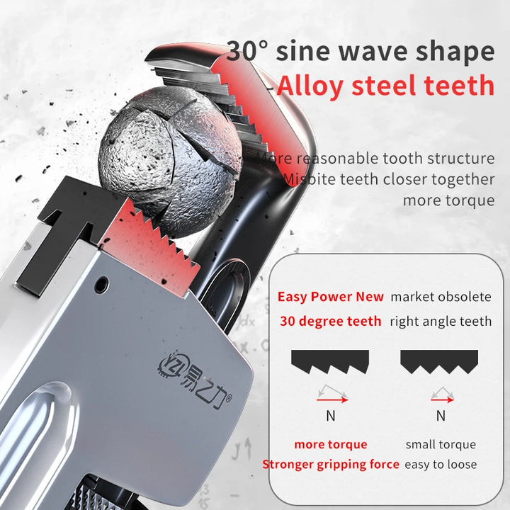 Saw blade with 30-degree sine wave shape and alloy steel teeth on a gray background
