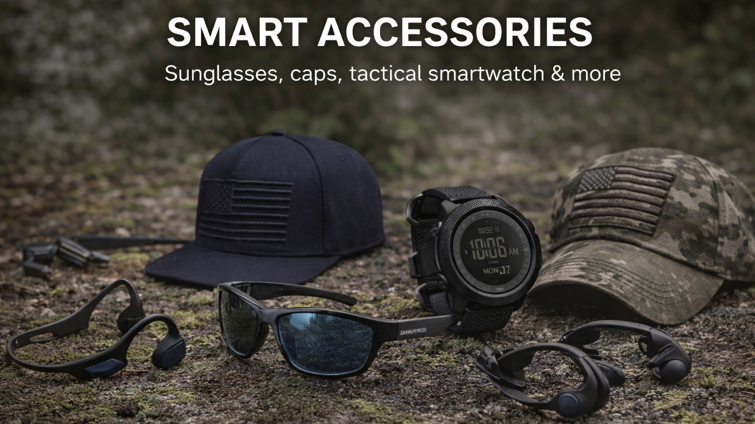 Smart accessories including sunglasses, caps, and a tactical smartwatch on a textured surface.