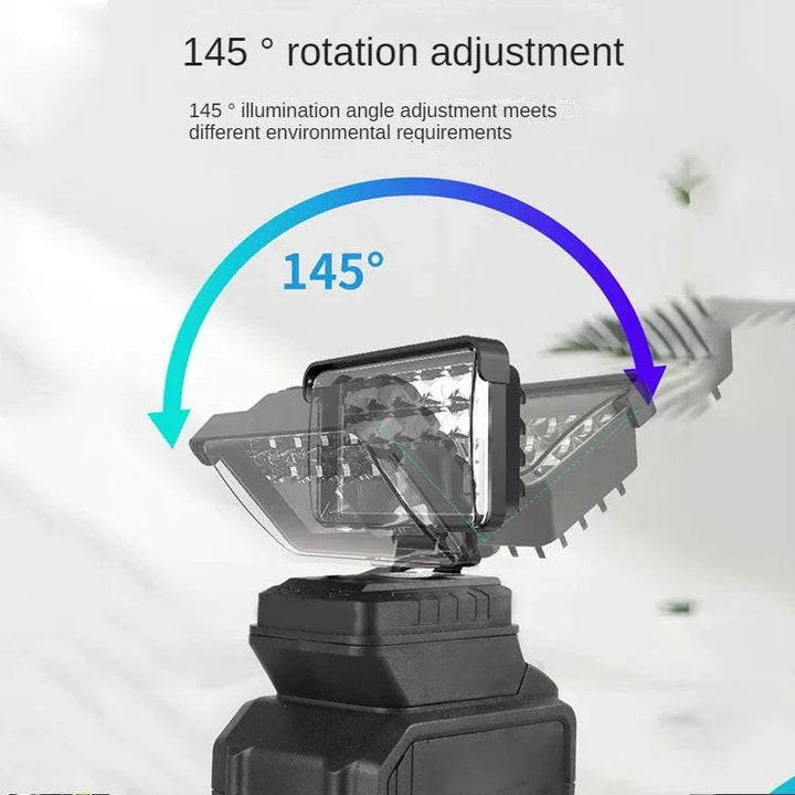 Work light demonstrating its 145-degree adjustable rotation for customizable lighting angles.