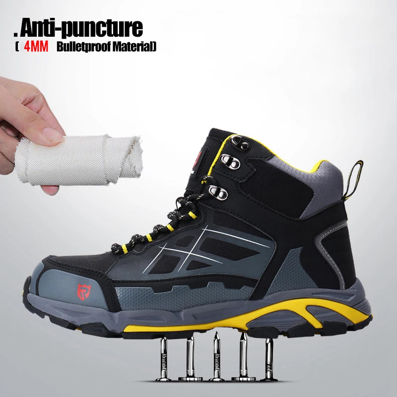 Image of SmartGearPros Work Boots demonstrating puncture resistance with a foot stepping on sharp nails without penetration.