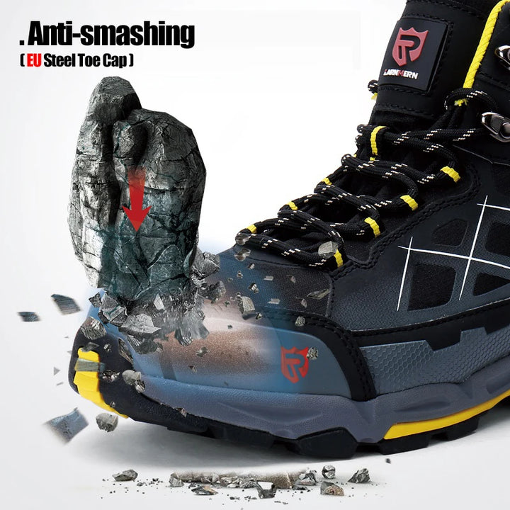 SmartGearPros Safety Work Boots resisting a heavy impact with a steel hammer, showcasing the durability of the steel toe cap.