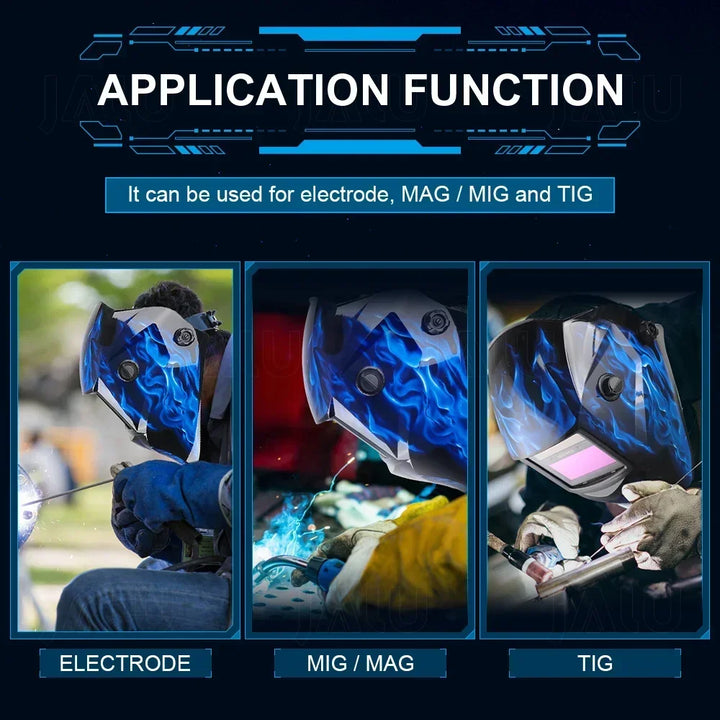  Various welding applications supported by the auto-darkening helmet, including TIG, MIG, and MMA welding.